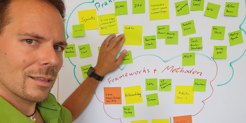 Ich stehe vor einem Whiteboard voller Post-Its. Auf dem Whiteboard ist ein Baum aufgemalt. Der Boden sind Agile Werte, der Stamm sind Agile Leitsätze und Prinzipien, die unteren Äste sind Agile Frameworks, die Baumkrone besteht aus Agilen Werkzeugen