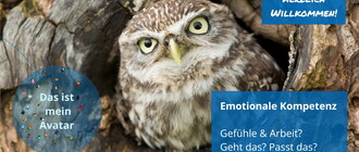 Ein Steinkauz schaut aufmerksam aus einer Baumhöhle. Darüber ein Textfeld „Emotionale Kompetenz – Gefühle & Arbeit? Geht das? Passt das?“